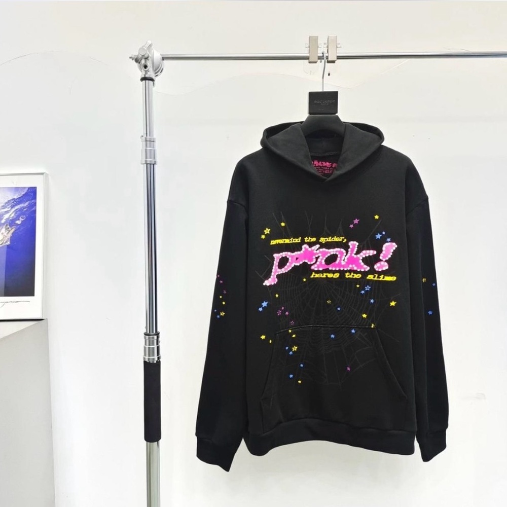 Black Sp5der Graphic Hoodie with Pink and Yellow Design